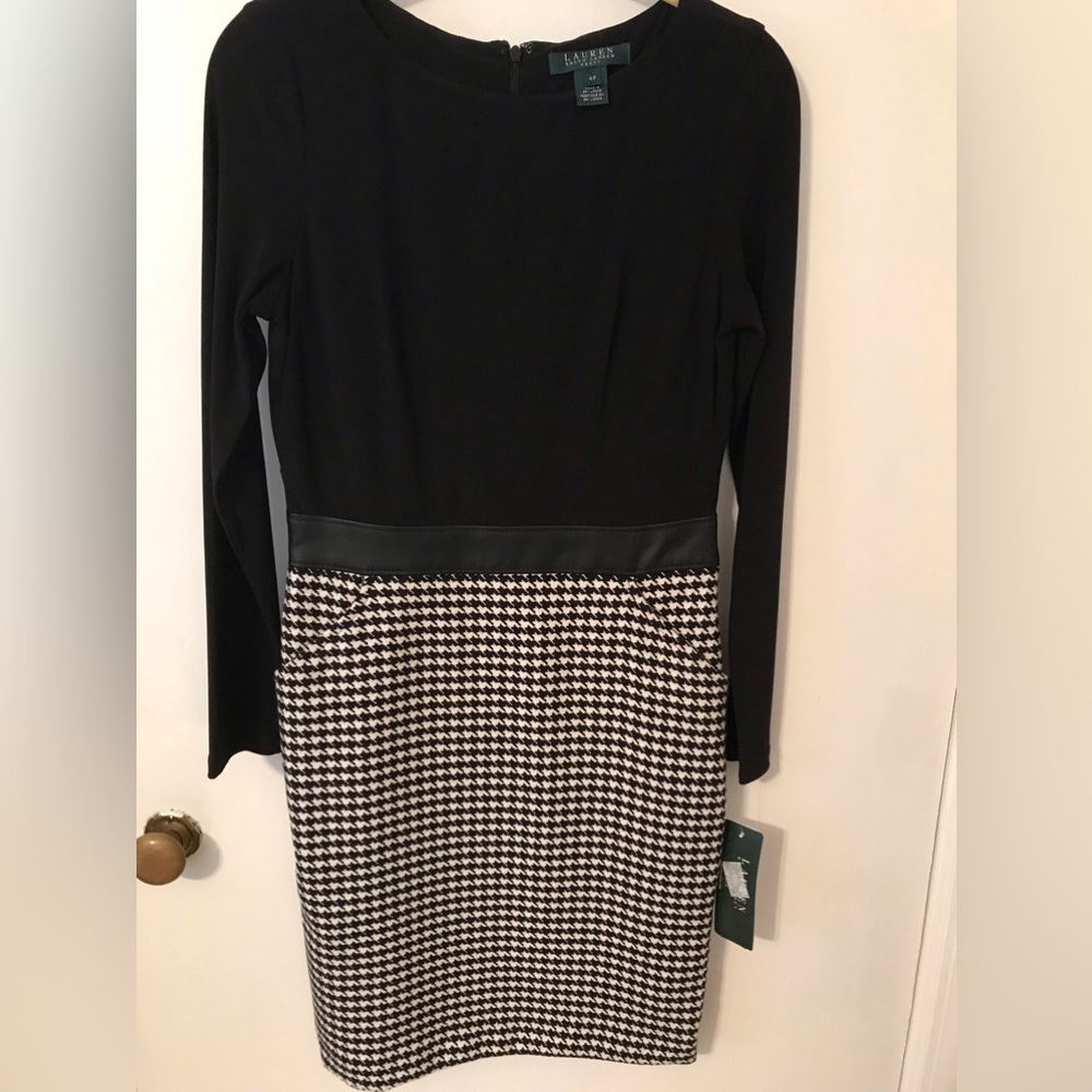Lauren Ralph Lauren 4P houndstooth and leather detail sheath dress
